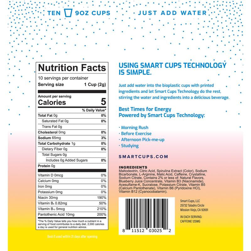 SMART CUPS Energy Drink - Raspberry Lemonade - No Sugar - Low Calorie - Eco-Friendly - No Taurine - Convenient - Healthy Beverage - Sport Drink - Time Best Inventions 2021